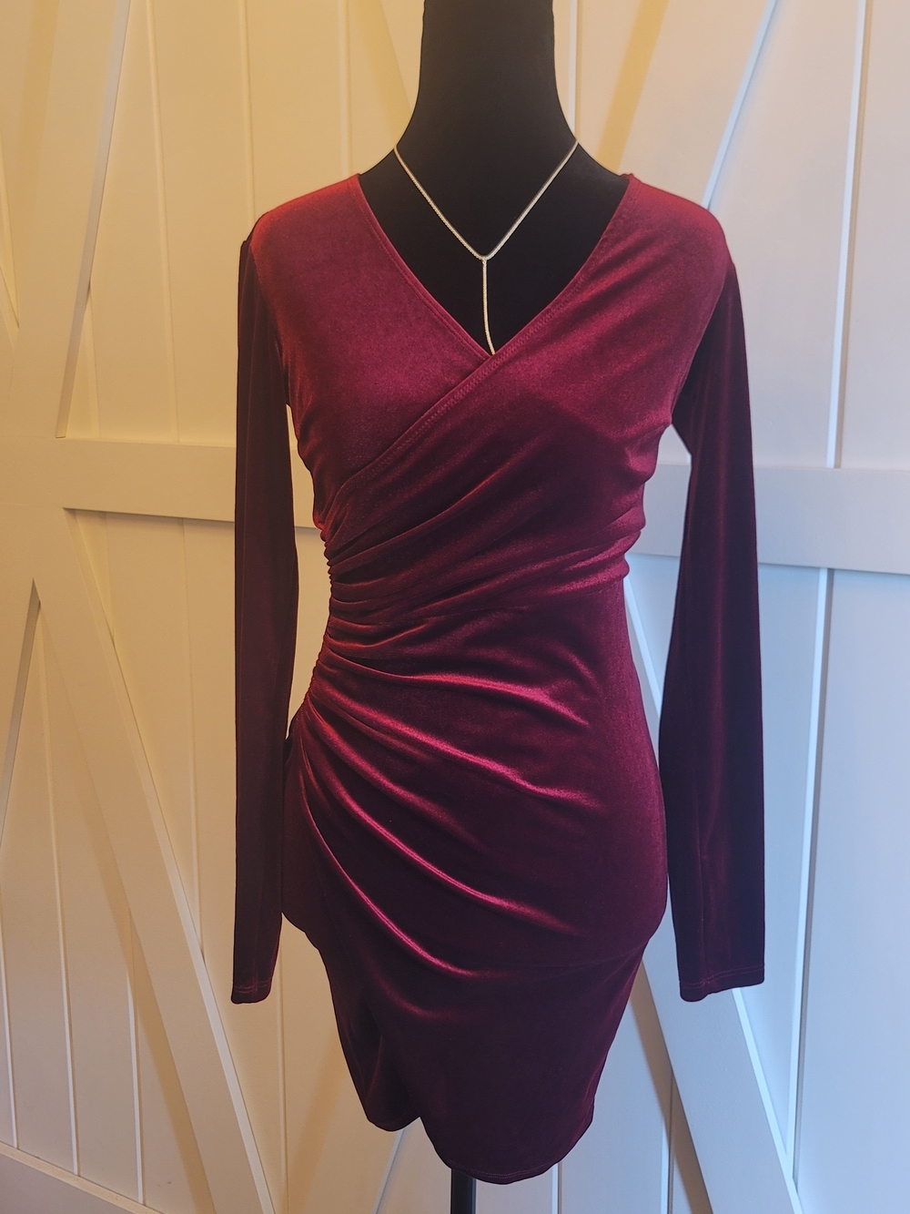 Ruched Velvet Wrap-Front Long Sleeve Dress - Wine